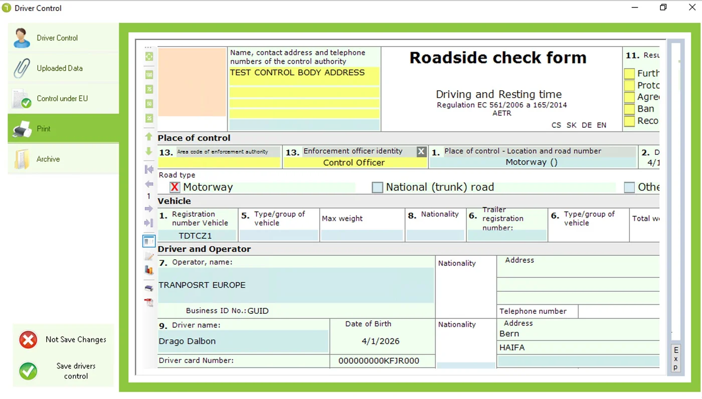 Roadside Check Form – formulář pro silniční kontrolu